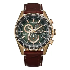 Citizen Perpetual Chrono A-T Mens Eco Drive Rose Tone Green Dial Brown Leather Strap Watch