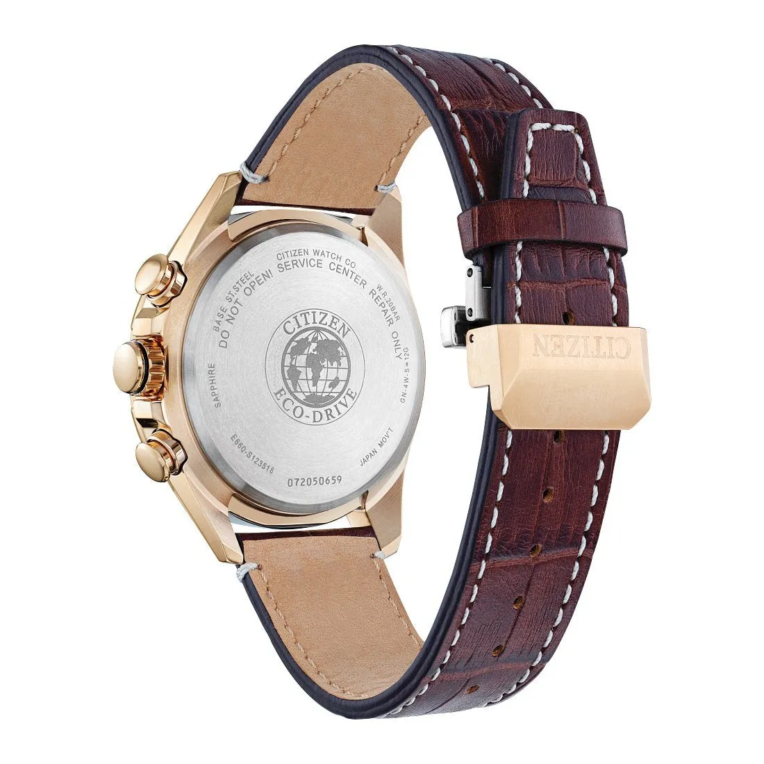 Citizen Perpetual Chrono A-T Mens Eco Drive Rose Tone Green Dial Brown Leather Strap Watch