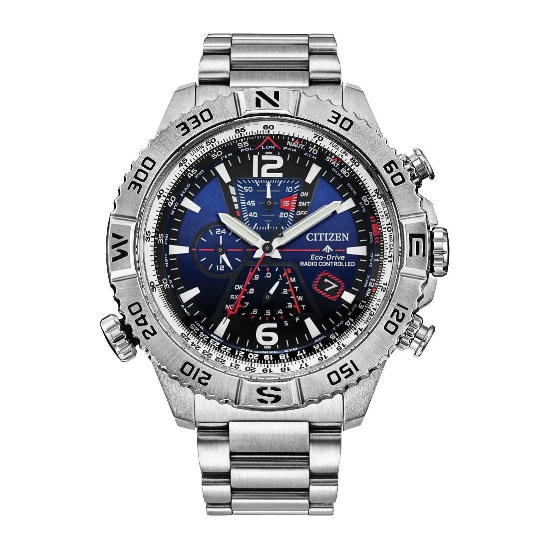 Citizen Promaster Navihawk A-T Mens Eco Drive Silver Tone Blue Dial Watch
