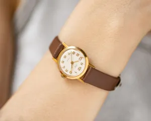 Classic women's wristwatch Dawn vintage, gold plated lady watch delicate, shockproof women watch jewelry gift, new premium leather strap