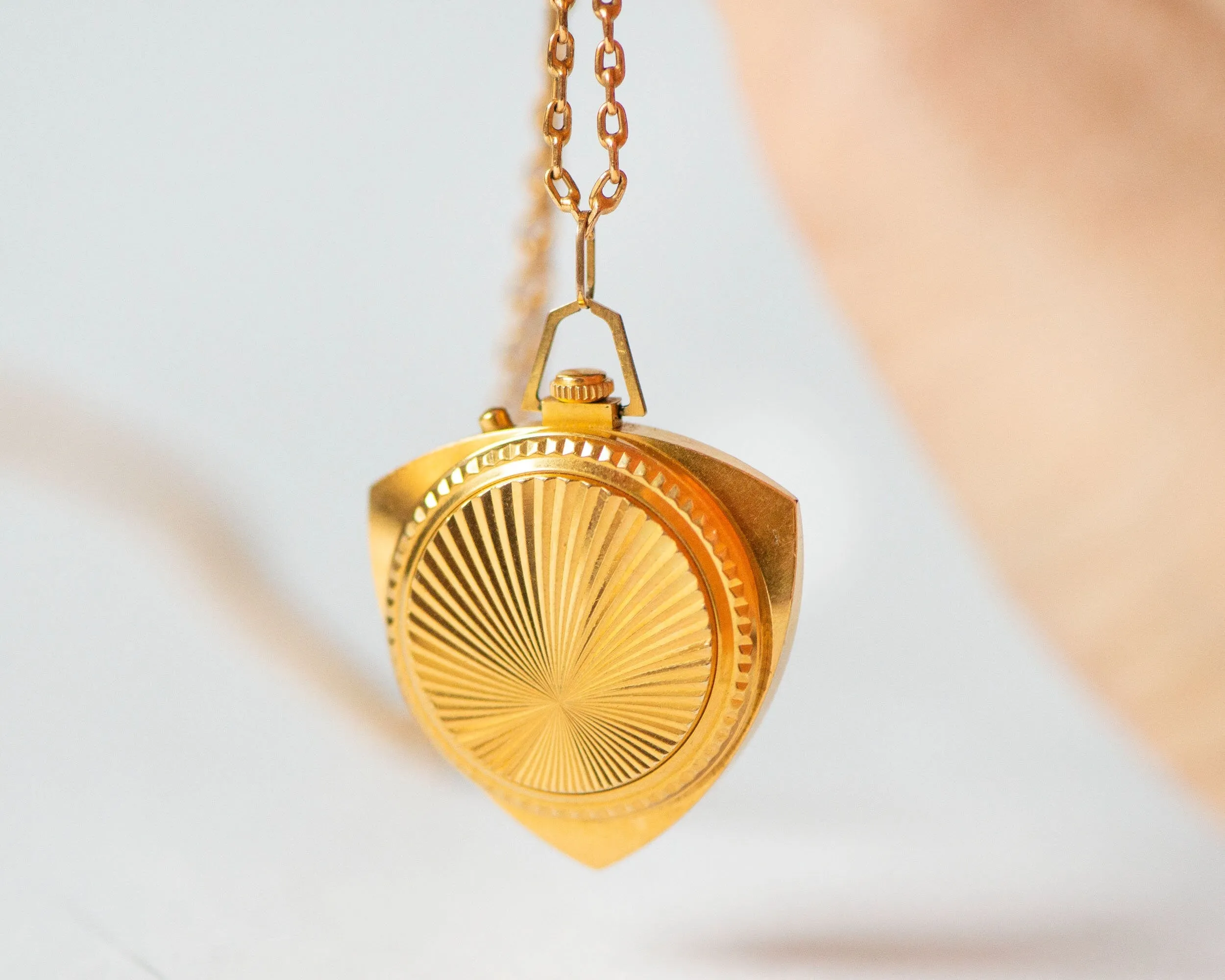 Cocktail watch pendant sunburst cover Dawn, lady's watch necklace trigonal gold plated, chunky watch pendant jewelry gift, party women watch