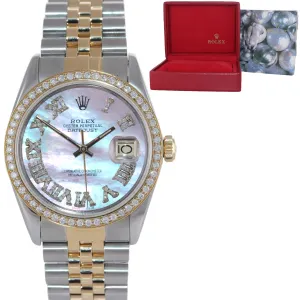 DIAMOND Bezel Rolex DateJust 36mm 16013 Pink MOP Diamond Dial Watch Box