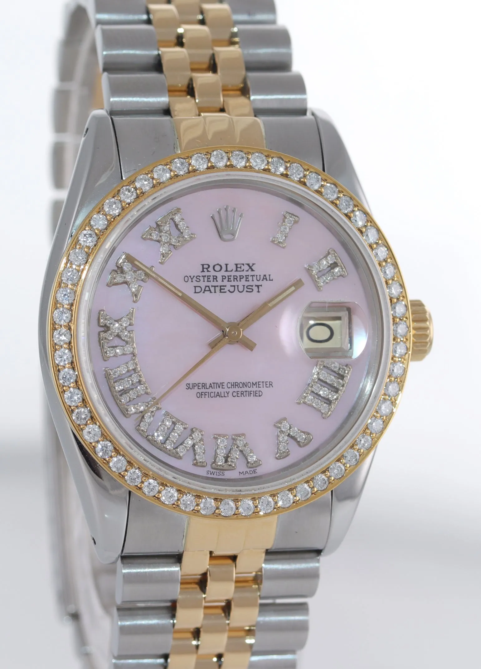 DIAMOND Bezel Rolex DateJust 36mm 16013 Pink MOP Diamond Dial Watch Box