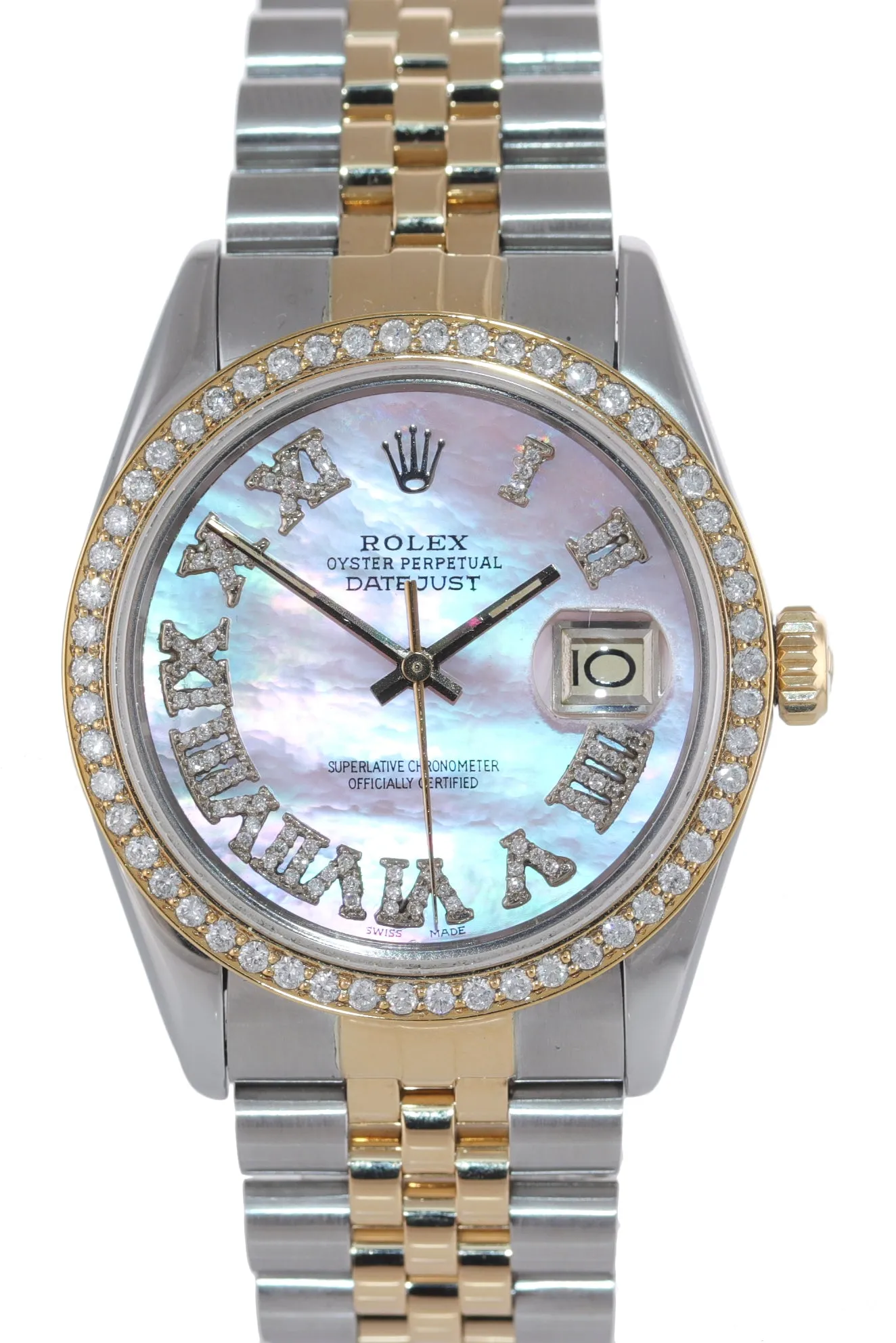 DIAMOND Bezel Rolex DateJust 36mm 16013 Pink MOP Diamond Dial Watch Box