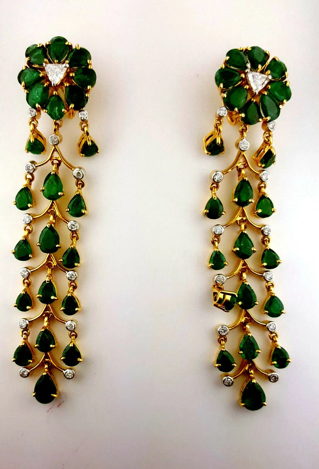 Drop Diamond Earrings Certified 14k Yellow Gold Natural Green Emerald Chandelier