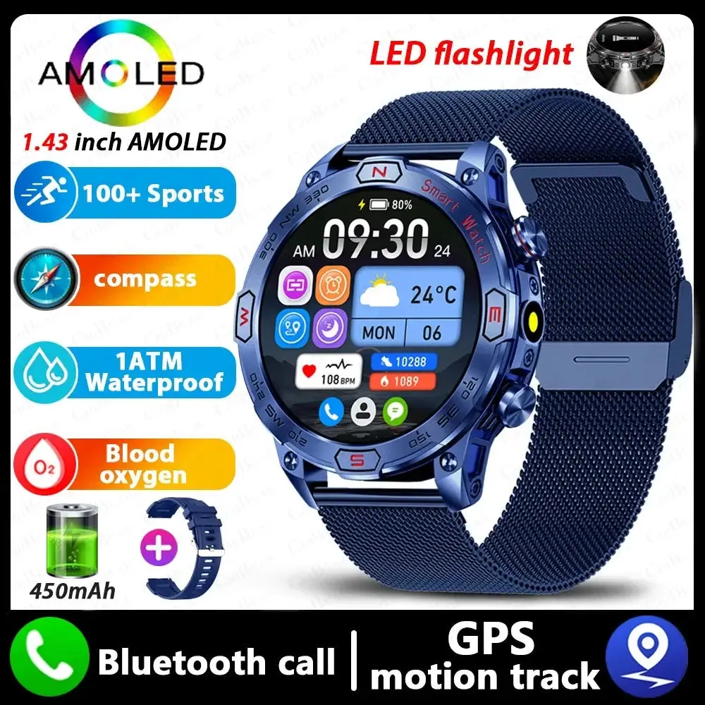 Elegance EliteTrack Smartwatch GPS Tracking LED Lights Outdoor Military Bluetooth Call Smartｗatch Men AMOLED HD Screen 1ATM Waterproof Sports Smart Watch IOS Android