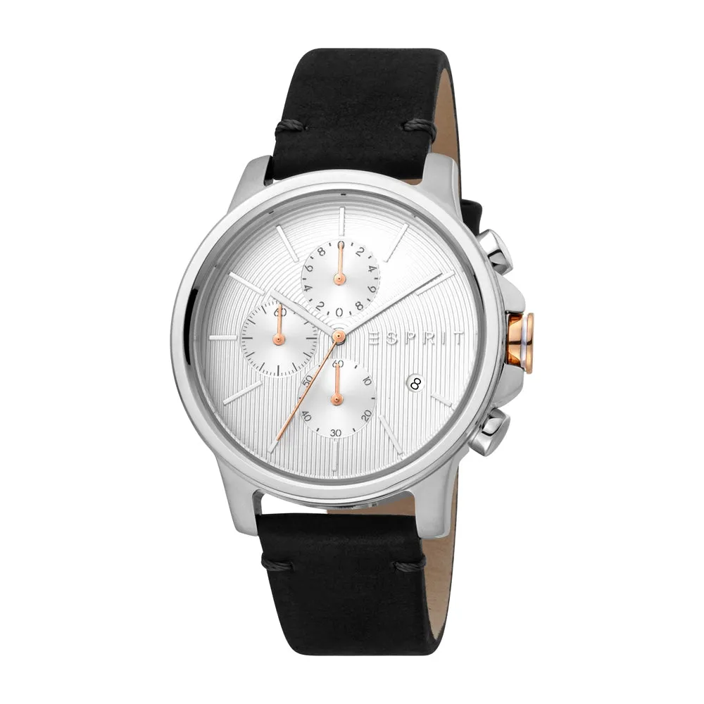 Esprit Men's Chronograph Watch BlackÂ Leather & White Dial With Date