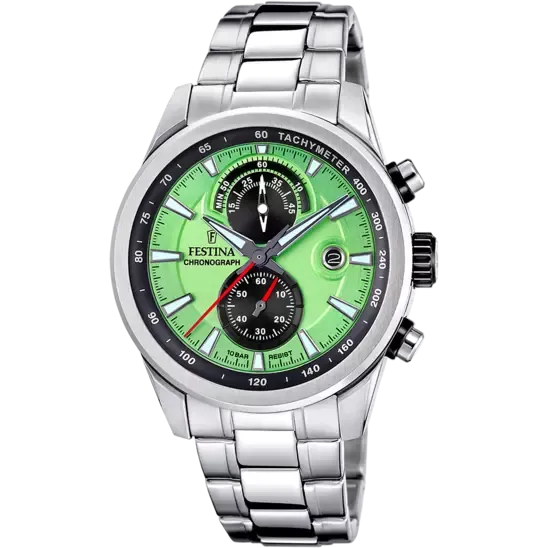 Festina Timeless Chronograph Gents Green Dial Stainless Steel Watch