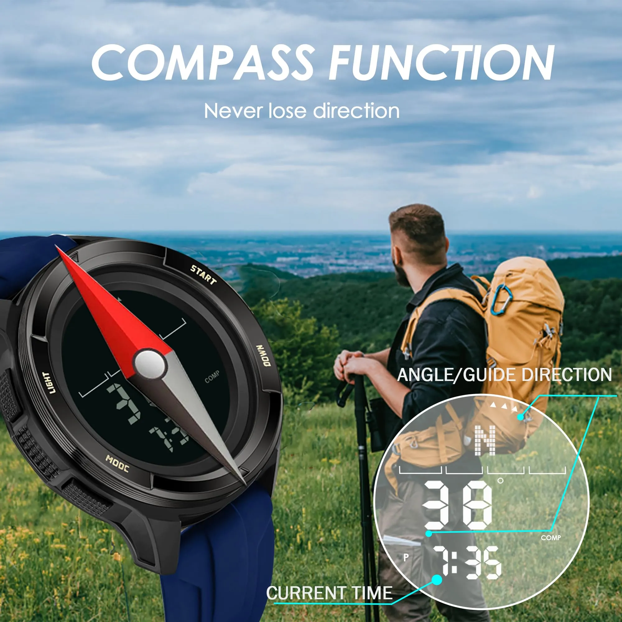 Findtime Military Watches for Men Digital Tactical Sports Compass Pedometer Calorie Step Counter Watch Waterproof Stopwatch Pacer Running Watch Alarm Electronic Nylon Strap