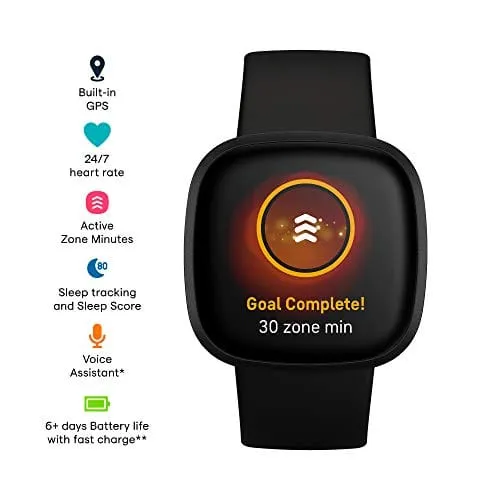 Fitbit Versa 3 Health & Fitness Smartwatch with GPS, 24/7 Heart Rate, Alexa Built-in, 6  Days Battery, Black/Black, One Size (S & L Bands Included)