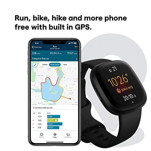 Fitbit Versa 3 Health & Fitness Smartwatch with GPS, 24/7 Heart Rate, Alexa Built-in, 6  Days Battery, Black/Black, One Size (S & L Bands Included)
