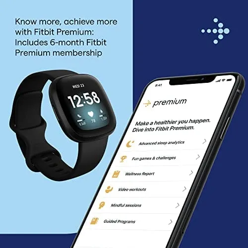 Fitbit Versa 3 Health & Fitness Smartwatch with GPS, 24/7 Heart Rate, Alexa Built-in, 6  Days Battery, Black/Black, One Size (S & L Bands Included)