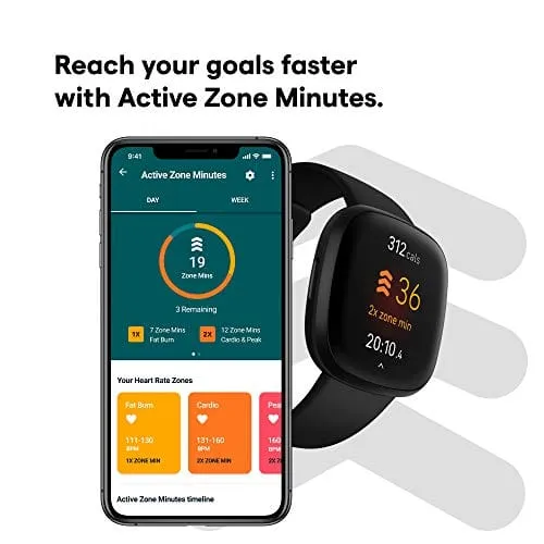 Fitbit Versa 3 Health & Fitness Smartwatch with GPS, 24/7 Heart Rate, Alexa Built-in, 6  Days Battery, Black/Black, One Size (S & L Bands Included)