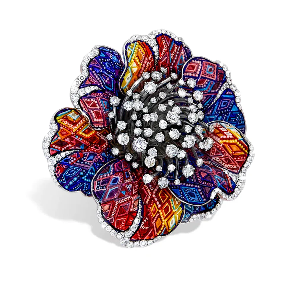 Flower Ring White Diamonds White Gold Micromosaic