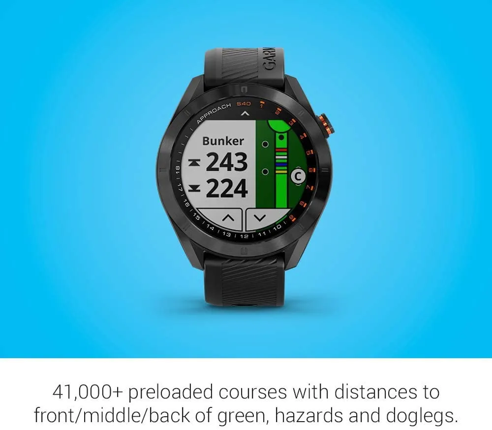 Garmin Approach S40 GPS Golf Smartwatch with Included Wearable4U Powerbank 2000 mAh Bundle (Black Stainless Steel with Black Band)