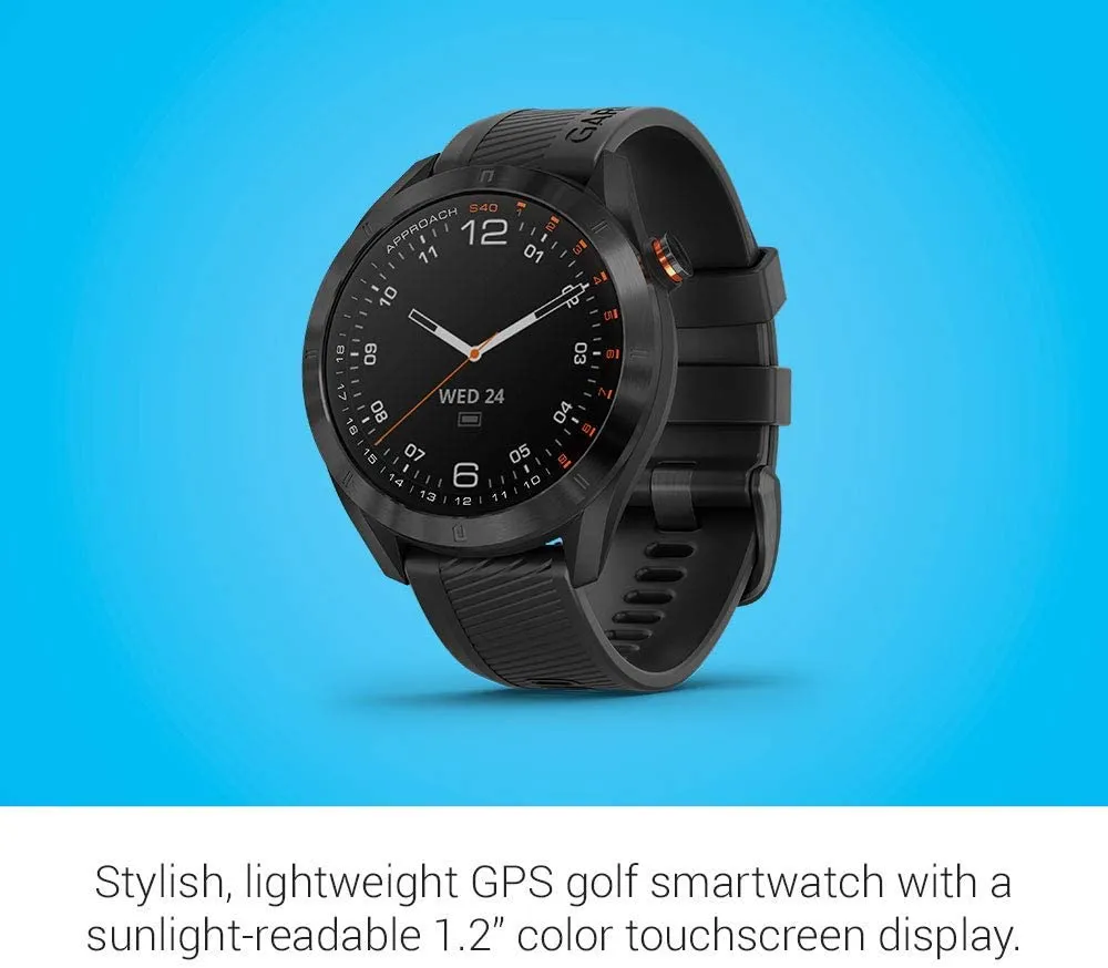 Garmin Approach S40 GPS Golf Smartwatch with Included Wearable4U Powerbank 2000 mAh Bundle (Black Stainless Steel with Black Band)
