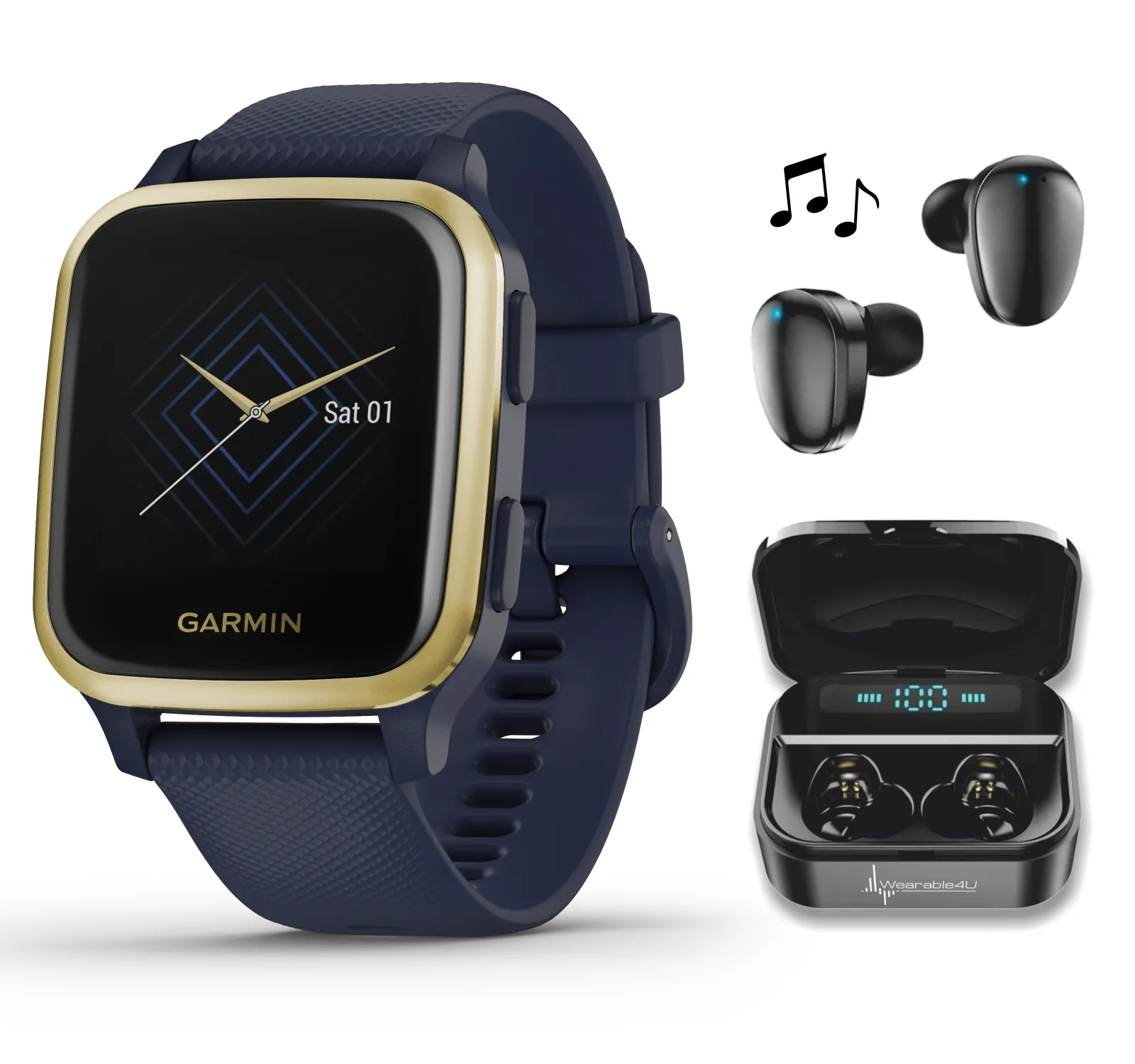 Garmin Venu Sq Music with Wearable4U EarBuds with Charging Power Bank Case Bundle