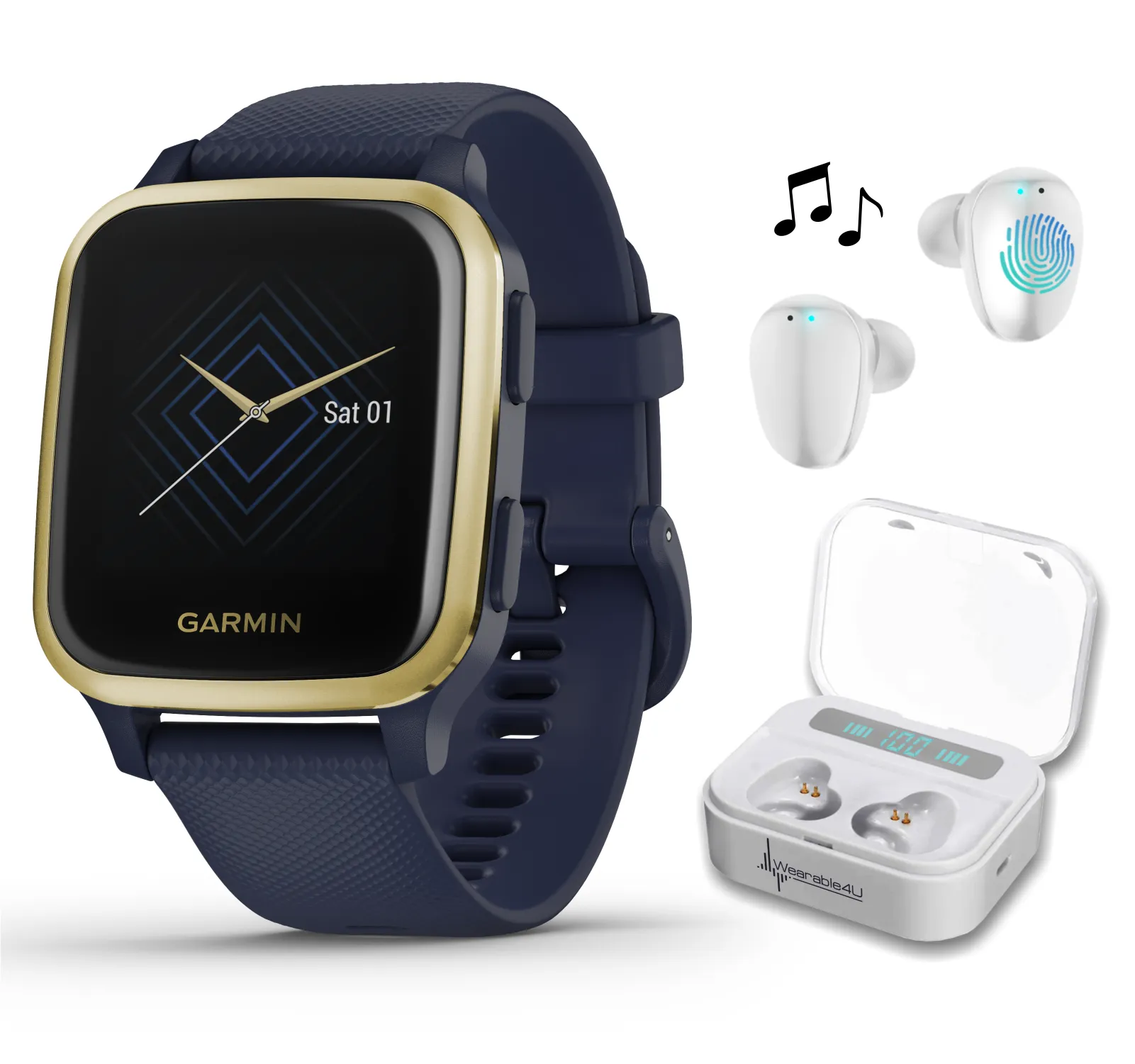 Garmin Venu Sq Music with Wearable4U EarBuds with Charging Power Bank Case Bundle