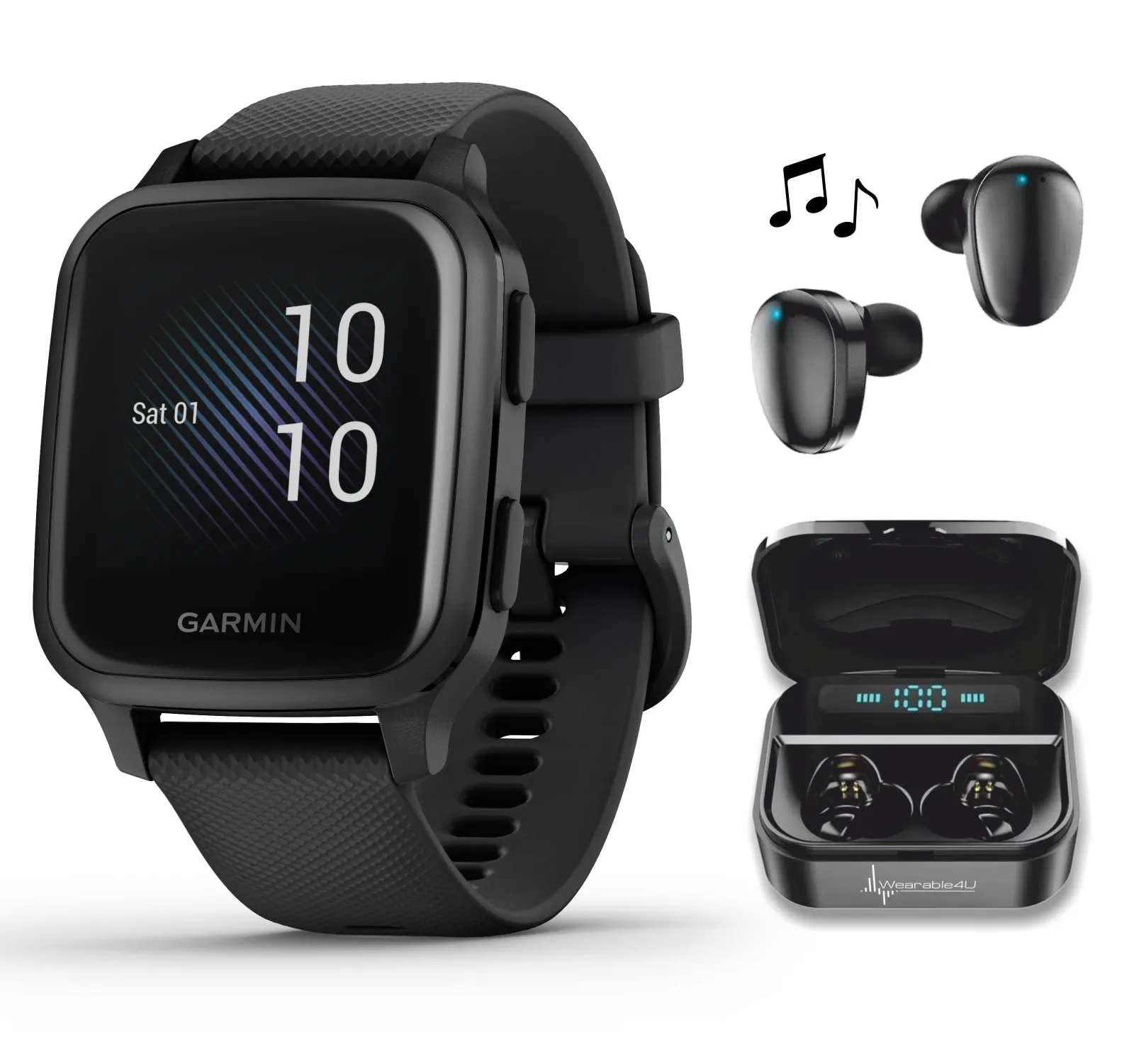 Garmin Venu Sq Music with Wearable4U EarBuds with Charging Power Bank Case Bundle