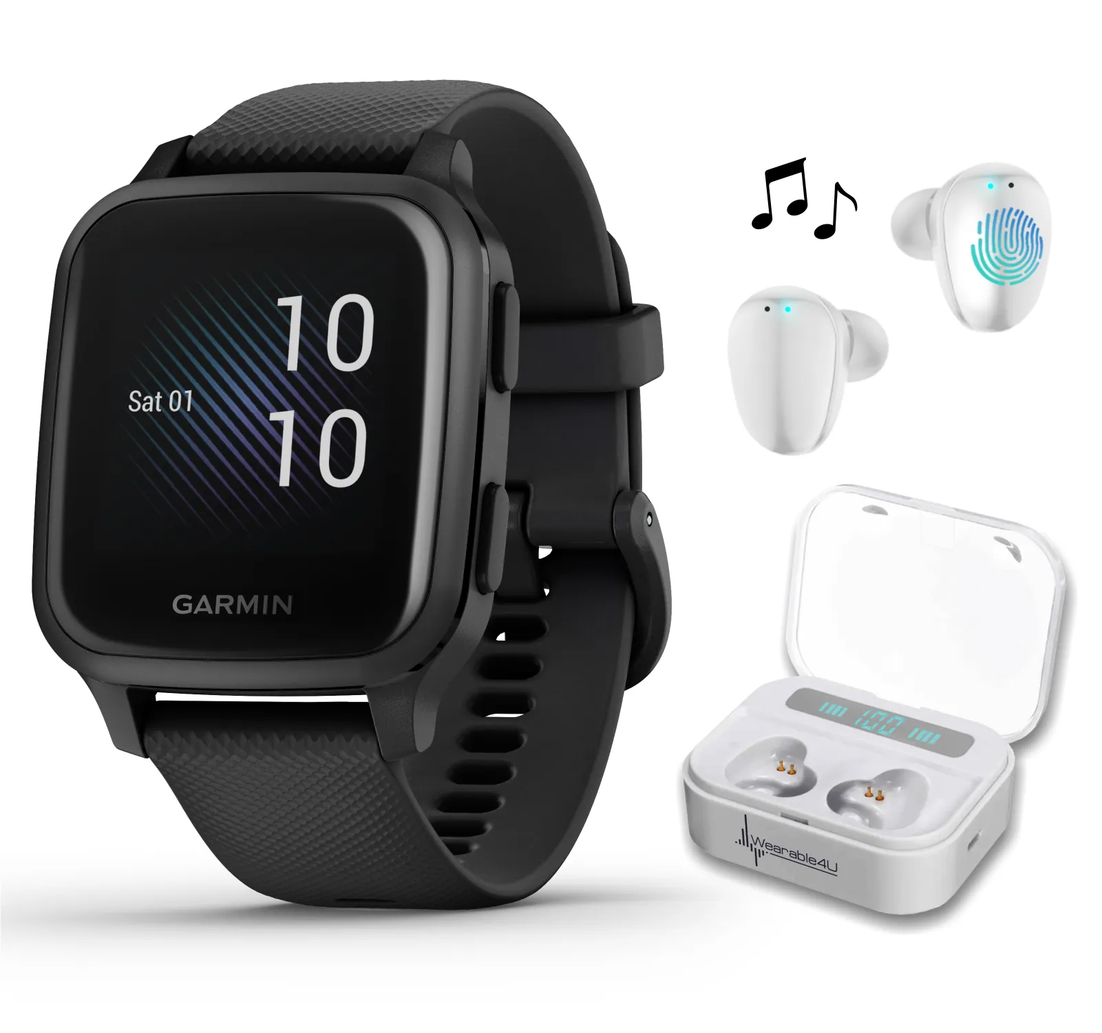 Garmin Venu Sq Music with Wearable4U EarBuds with Charging Power Bank Case Bundle