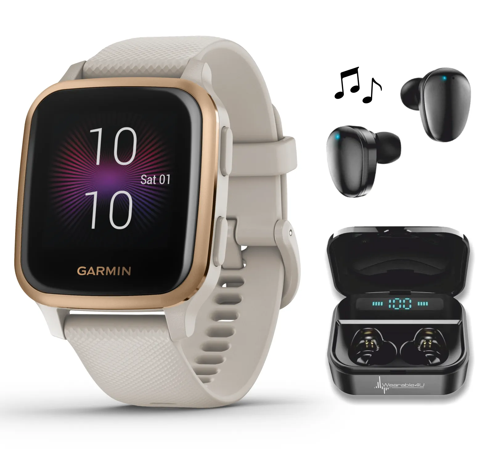 Garmin Venu Sq Music with Wearable4U EarBuds with Charging Power Bank Case Bundle