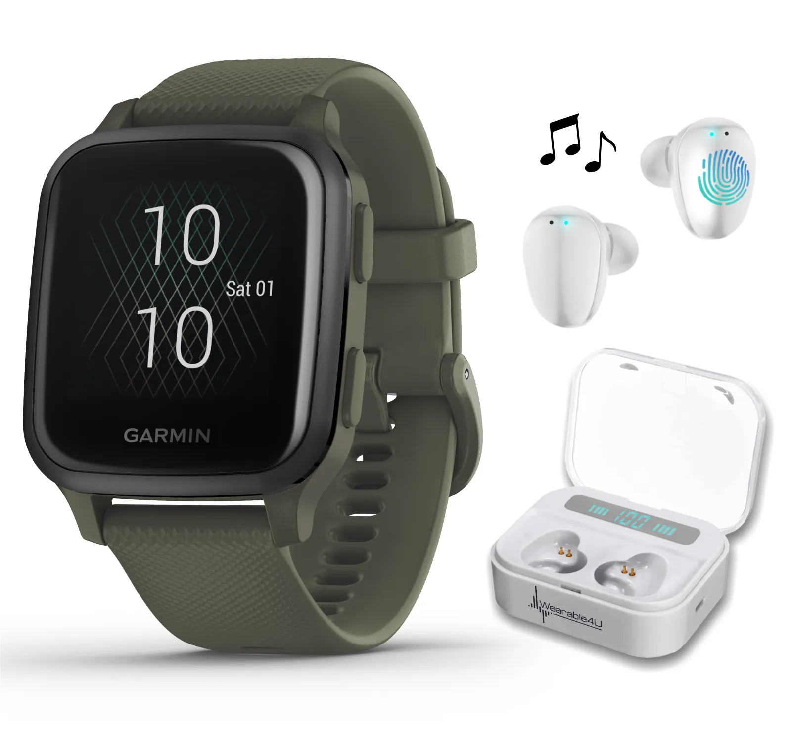 Garmin Venu Sq Music with Wearable4U EarBuds with Charging Power Bank Case Bundle