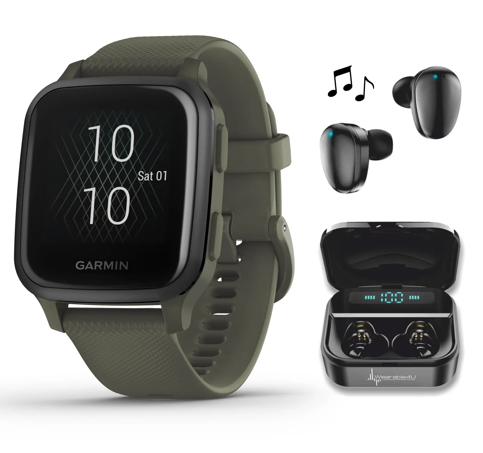 Garmin Venu Sq Music with Wearable4U EarBuds with Charging Power Bank Case Bundle