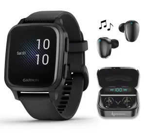 Garmin Venu Sq Music with Wearable4U EarBuds with Charging Power Bank Case Bundle