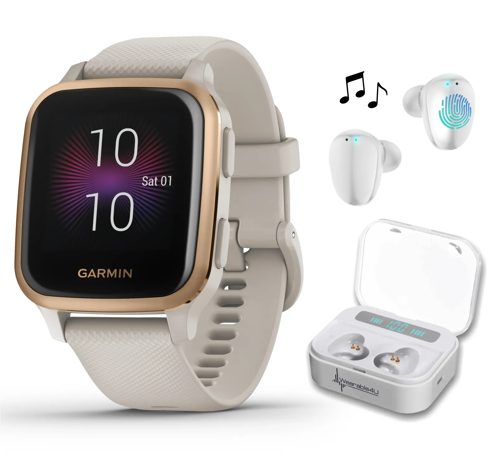 Garmin Venu Sq Music with Wearable4U EarBuds with Charging Power Bank Case Bundle