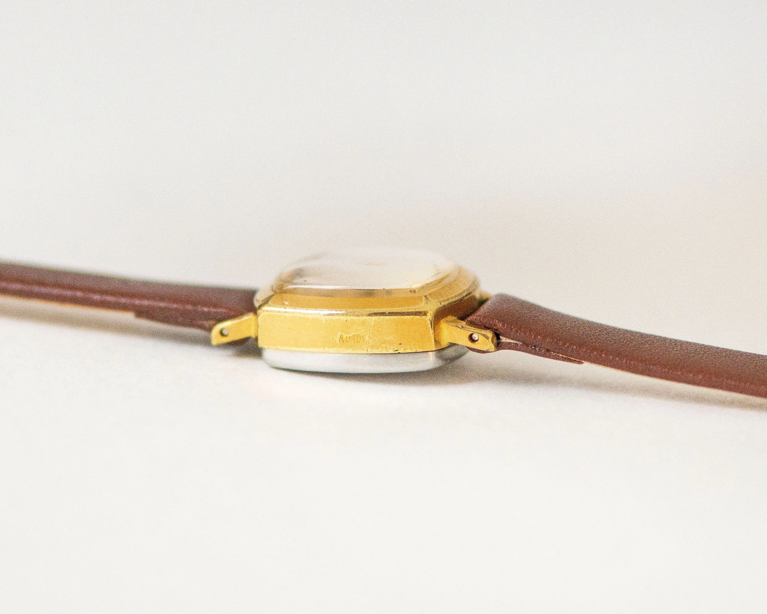 Gold plated lady wristwatch tiny Dawn, delicate woman watch square, women watch rectangular yellow Arabic numerals, new premium leather band