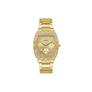 Guess Ladies Quartz Watch Full Yellow Gold Plated Steel Case & Bracelet With Crytal Sun Champlated Glittery Dial