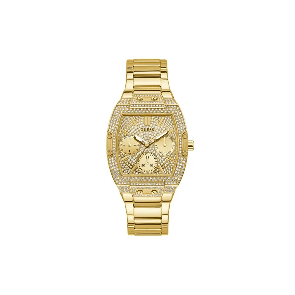 Guess Ladies Quartz Watch Full Yellow Gold Plated Steel Case & Bracelet With Crytal Sun Champlated Glittery Dial