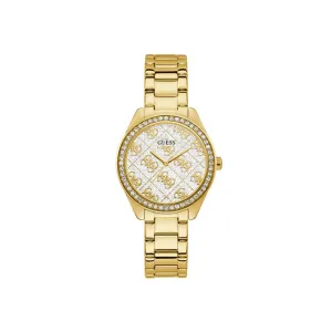 Guess Ladies Watch Full Yellow Gold Plated Case & Bracelet With 4 G'S Logo And Glittery Dial
