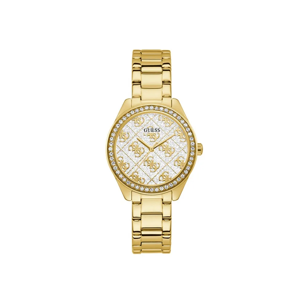 Guess Ladies Watch Full Yellow Gold Plated Case & Bracelet With 4 G'S Logo And Glittery Dial