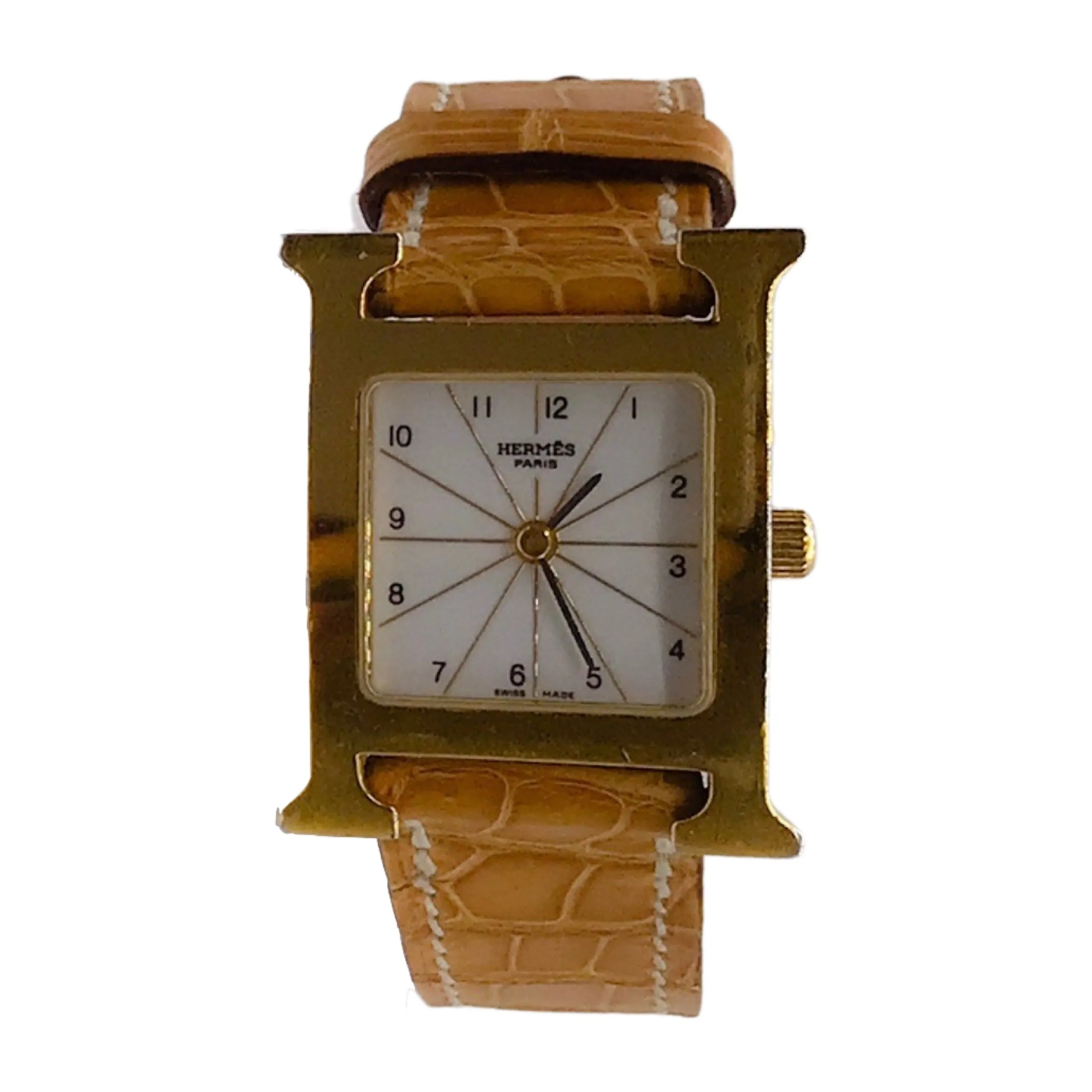 Hermes 2004 Tan / Gold Plated Crocodile Skin Leather 21mm Heure H Watch