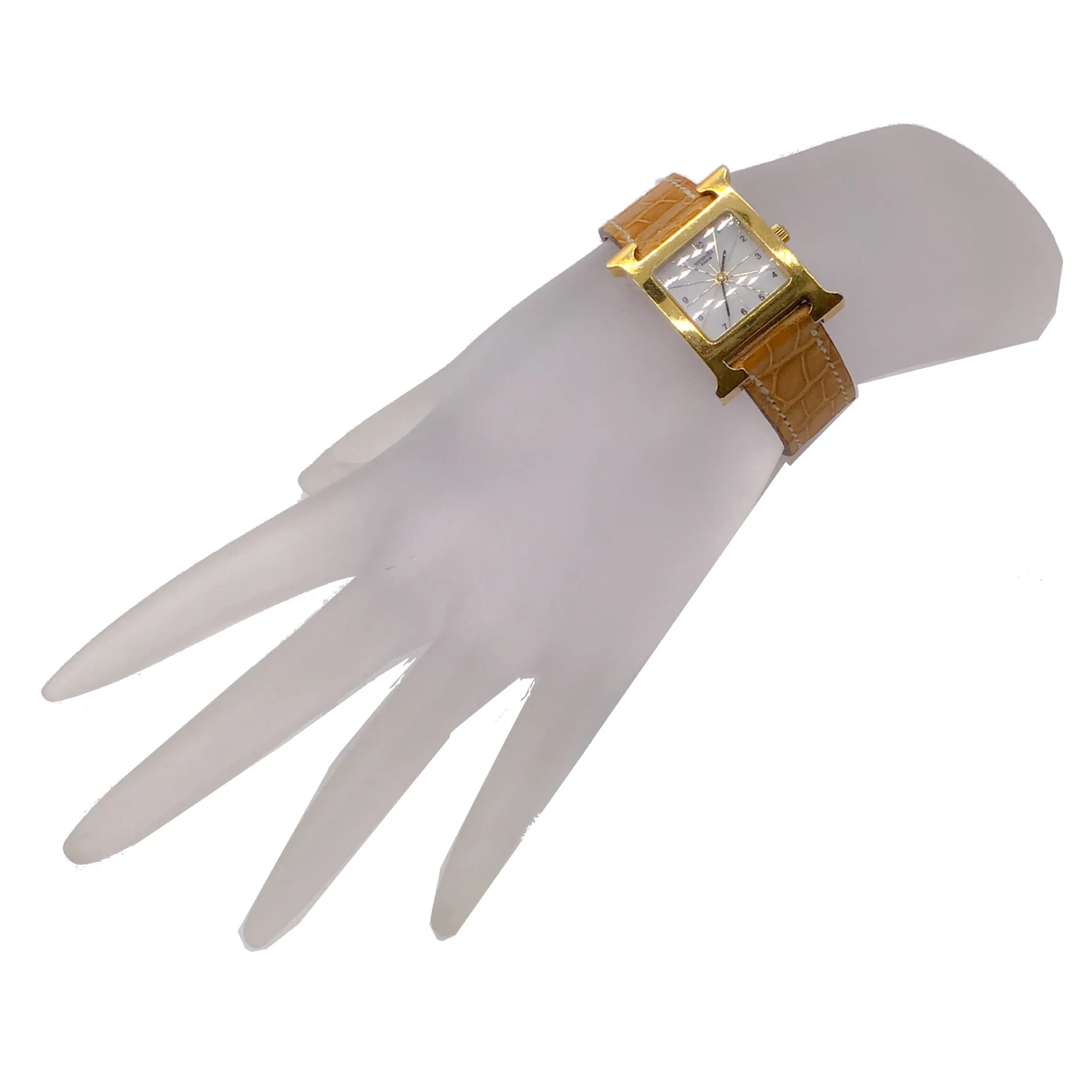 Hermes 2004 Tan / Gold Plated Crocodile Skin Leather 21mm Heure H Watch
