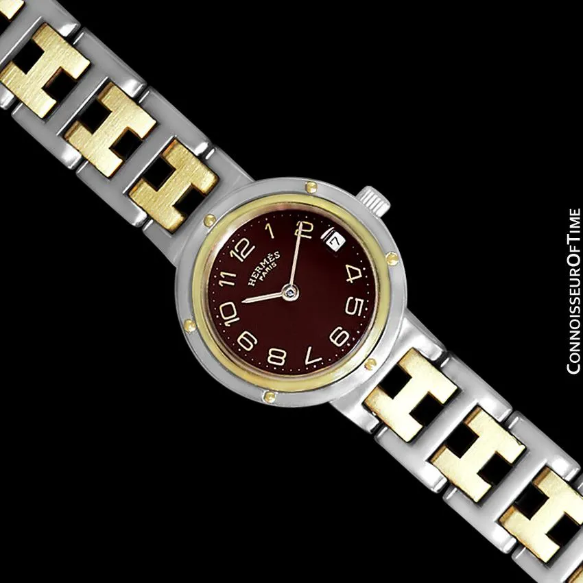 Hermes Ladies Clipper 2-Tone Quartz Watch with Dark Wine Dial - Stainless Steel & 18K Gold Plated