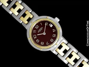 Hermes Ladies Clipper 2-Tone Quartz Watch with Dark Wine Dial - Stainless Steel & 18K Gold Plated