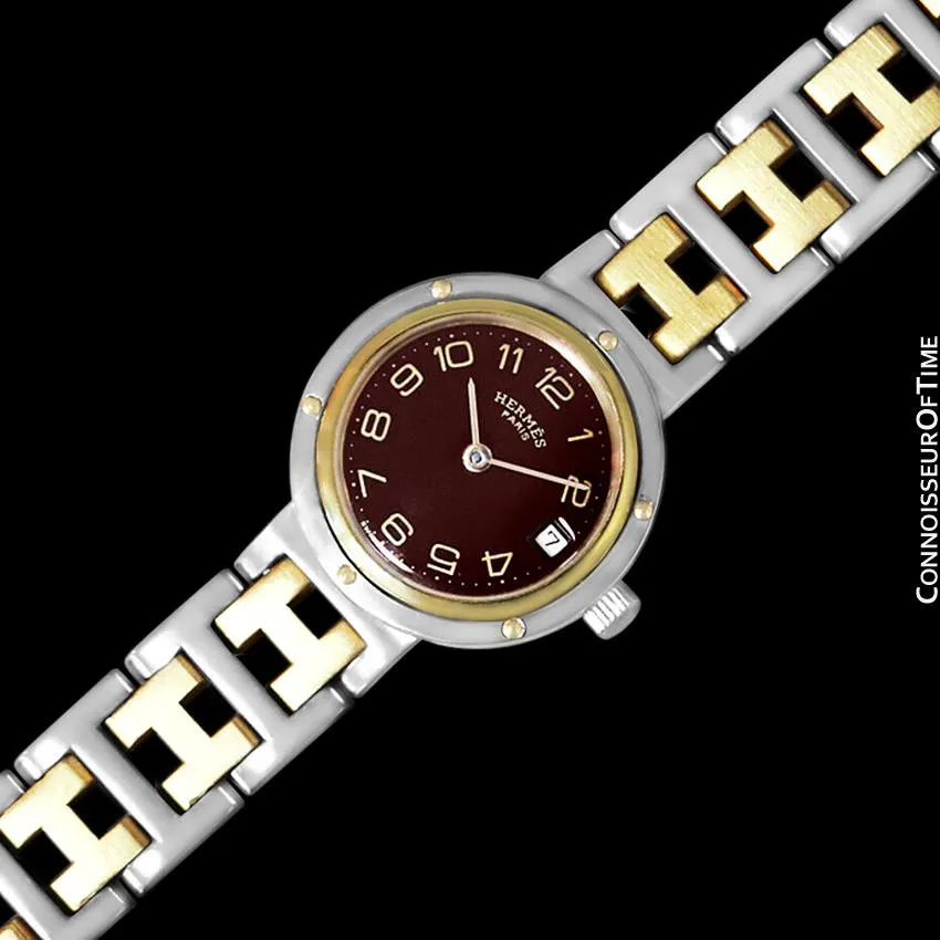 Hermes Ladies Clipper 2-Tone Quartz Watch with Dark Wine Dial - Stainless Steel & 18K Gold Plated