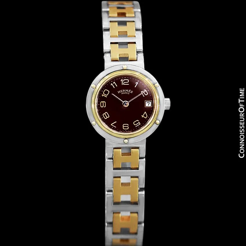 Hermes Ladies Clipper 2-Tone Quartz Watch with Dark Wine Dial - Stainless Steel & 18K Gold Plated