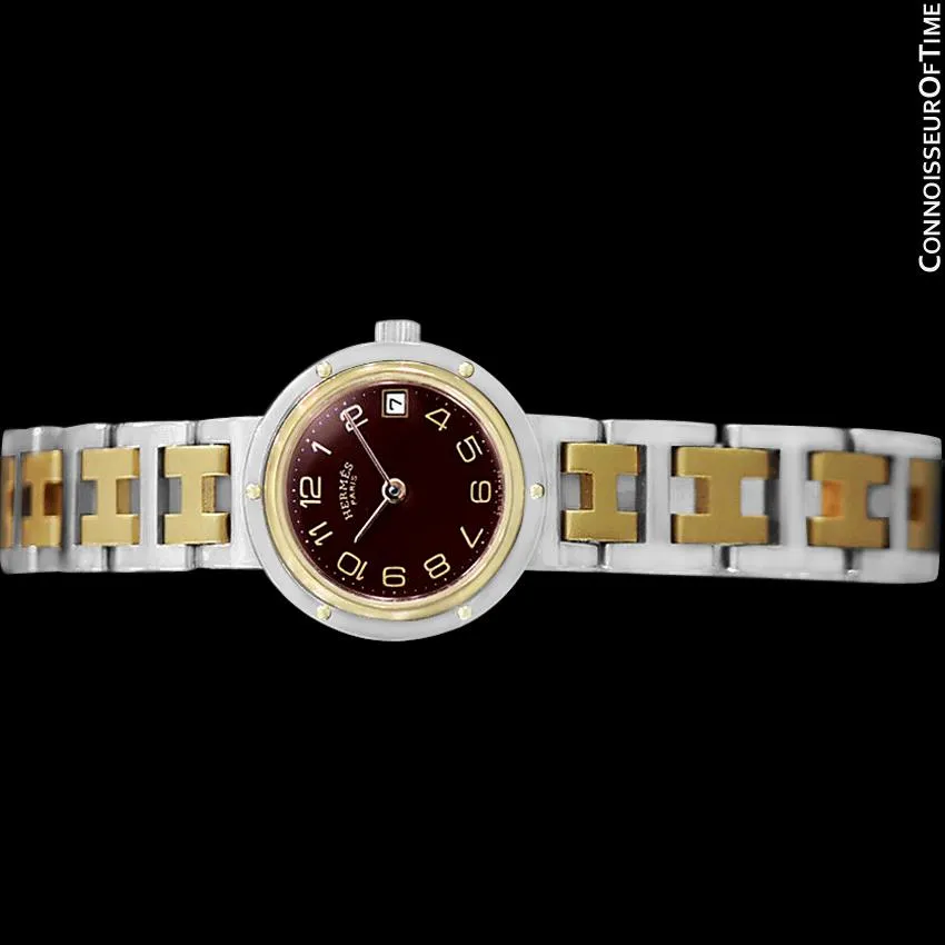 Hermes Ladies Clipper 2-Tone Quartz Watch with Dark Wine Dial - Stainless Steel & 18K Gold Plated