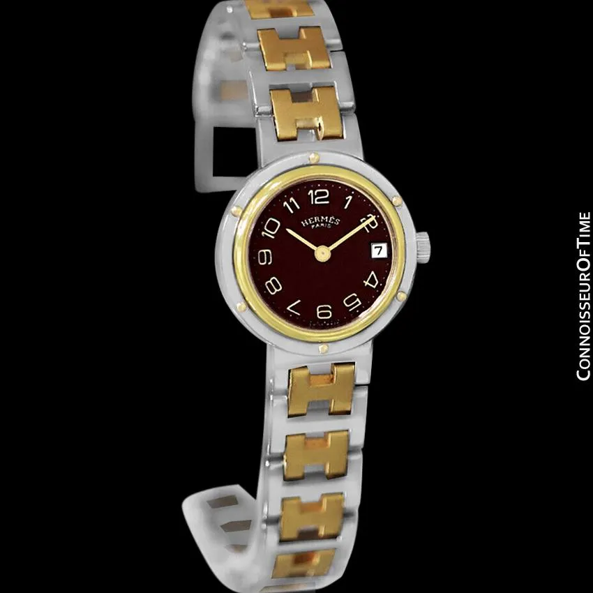 Hermes Ladies Clipper 2-Tone Quartz Watch with Dark Wine Dial - Stainless Steel & 18K Gold Plated