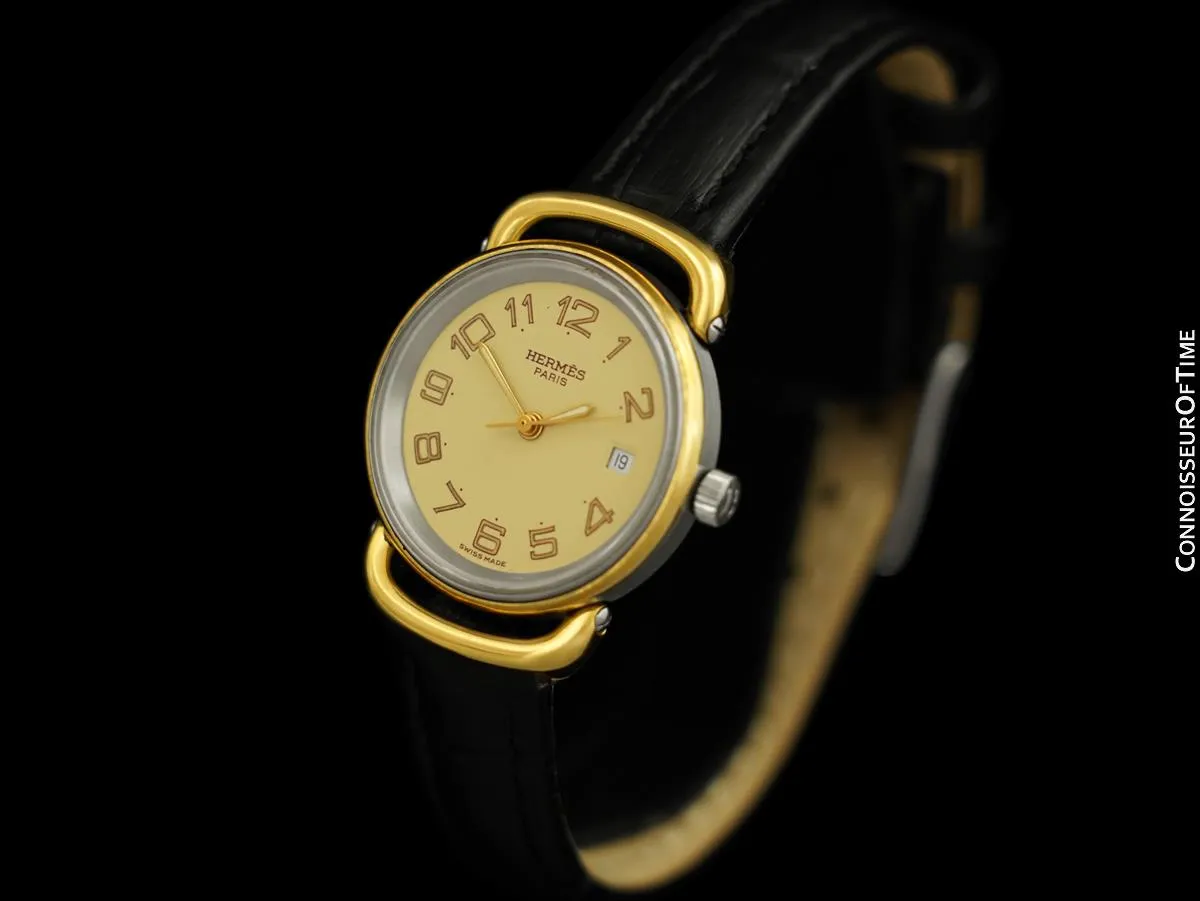 Hermes Pullman Ladies Cream Dial Watch with Date - 18K Gold Plated & Stainless Steel