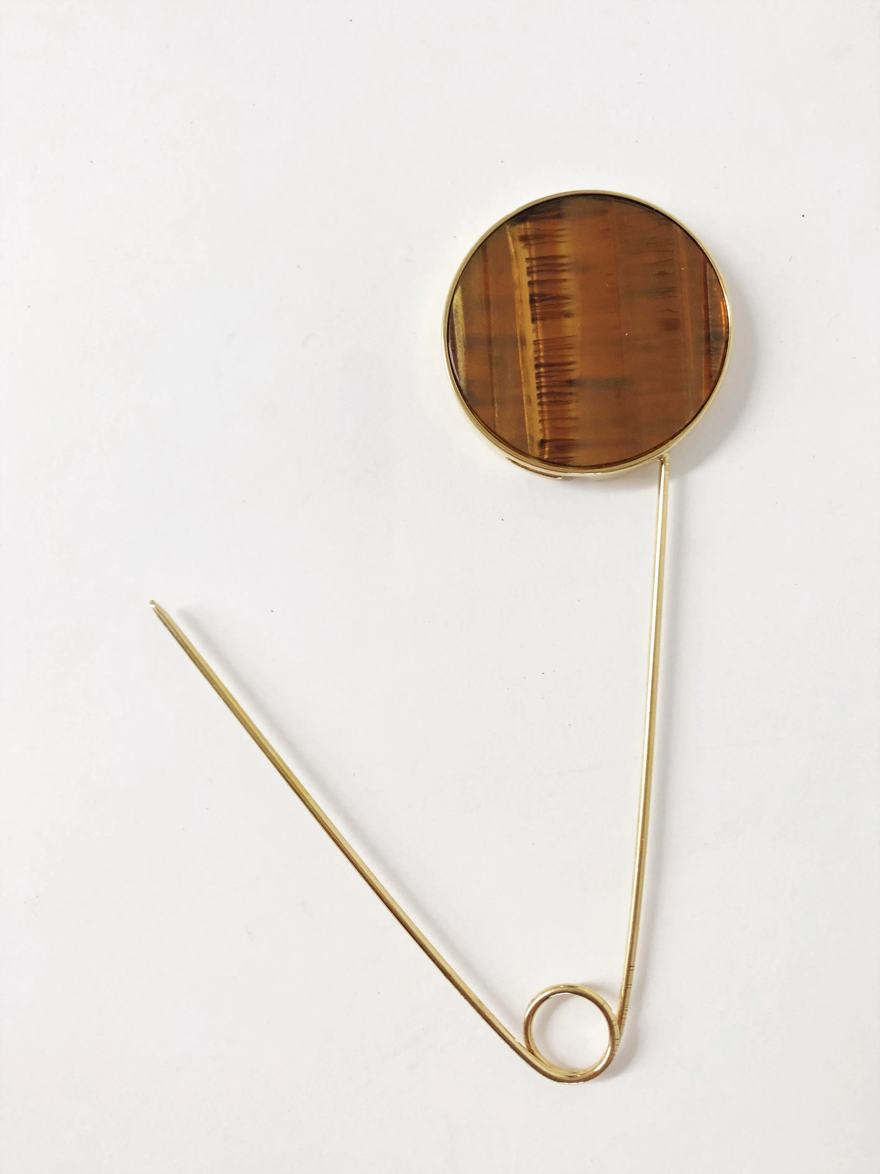 Hillier Bartley Tiger's Eye Round Safety Pin Brooch 24k Gold-Plated Brass