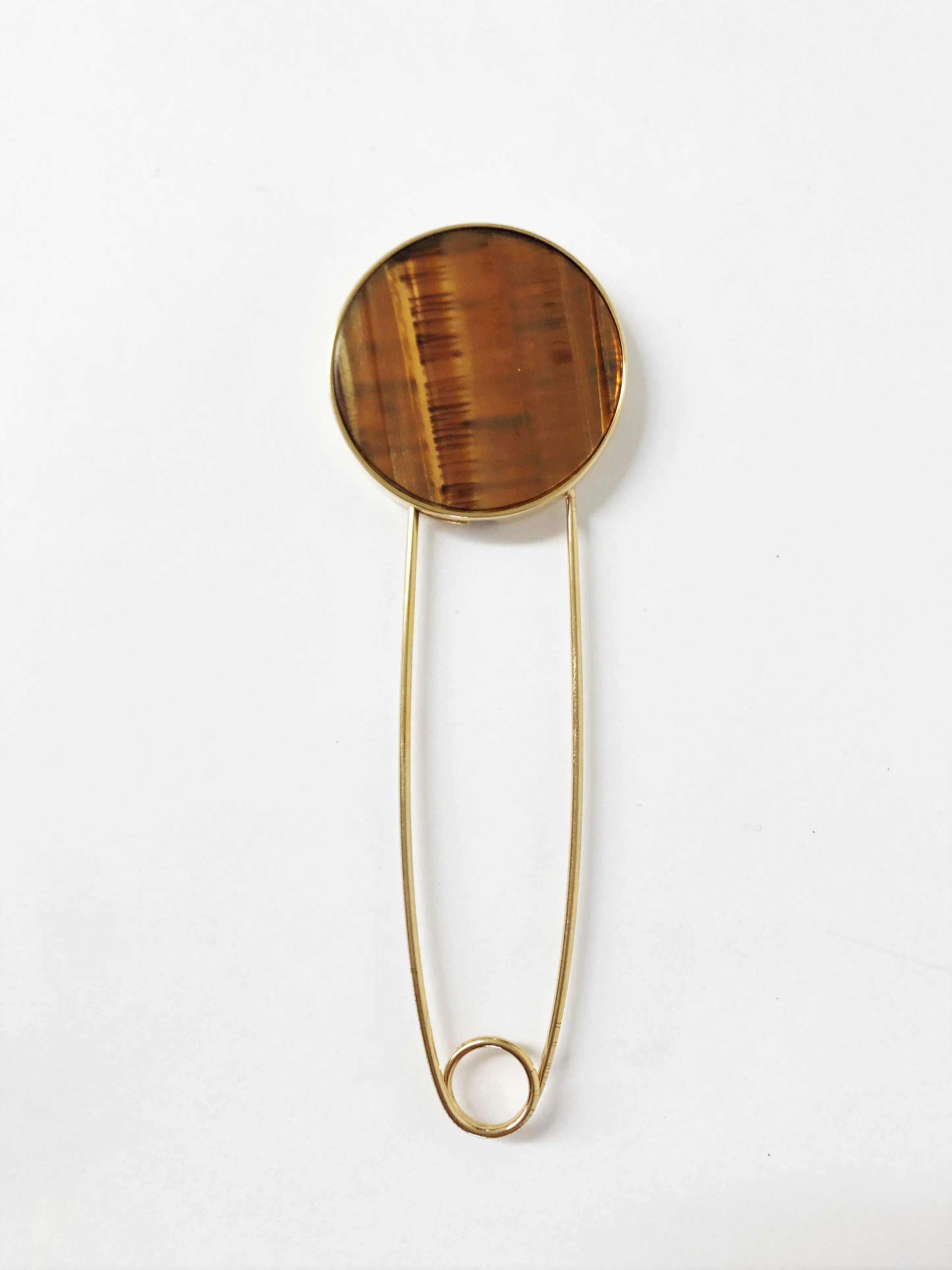 Hillier Bartley Tiger's Eye Round Safety Pin Brooch 24k Gold-Plated Brass