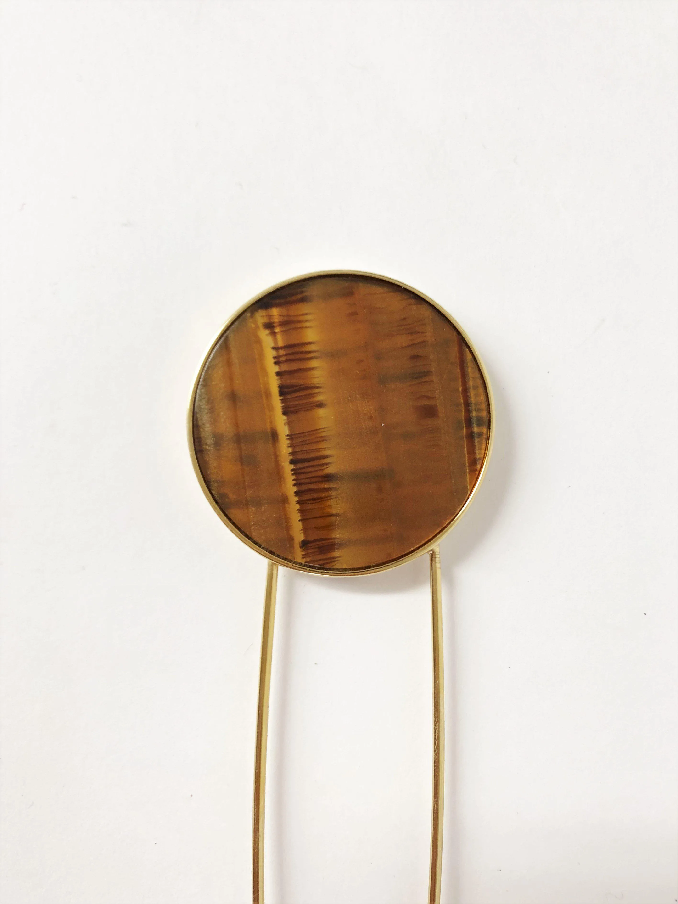 Hillier Bartley Tiger's Eye Round Safety Pin Brooch 24k Gold-Plated Brass