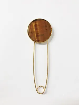 Hillier Bartley Tiger's Eye Round Safety Pin Brooch 24k Gold-Plated Brass
