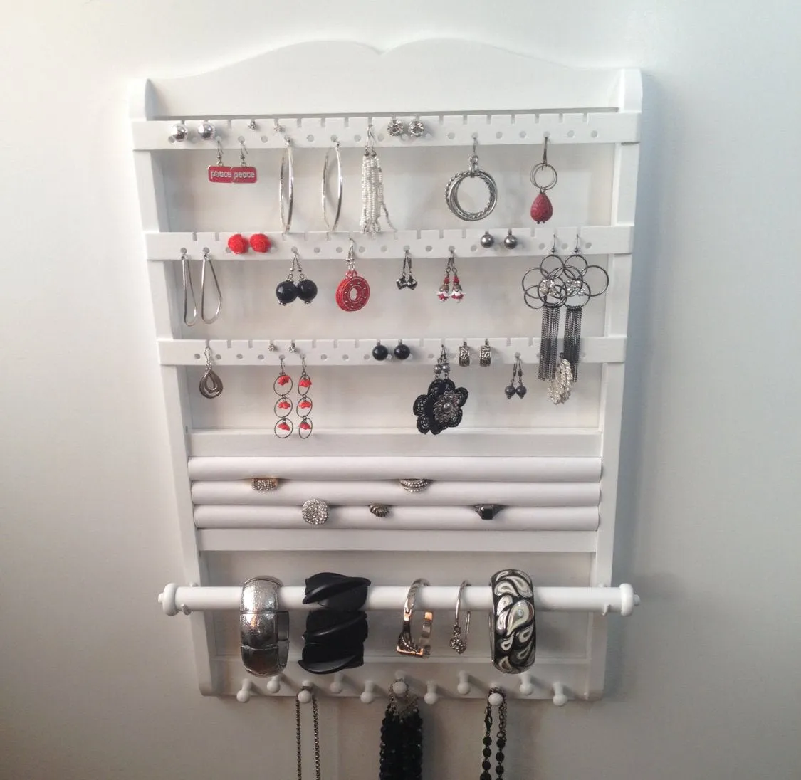 Jewelry Organizer DELUXE White Ring Holder,  Bracelet Earring Necklace Holder, Wood, Wall Mount