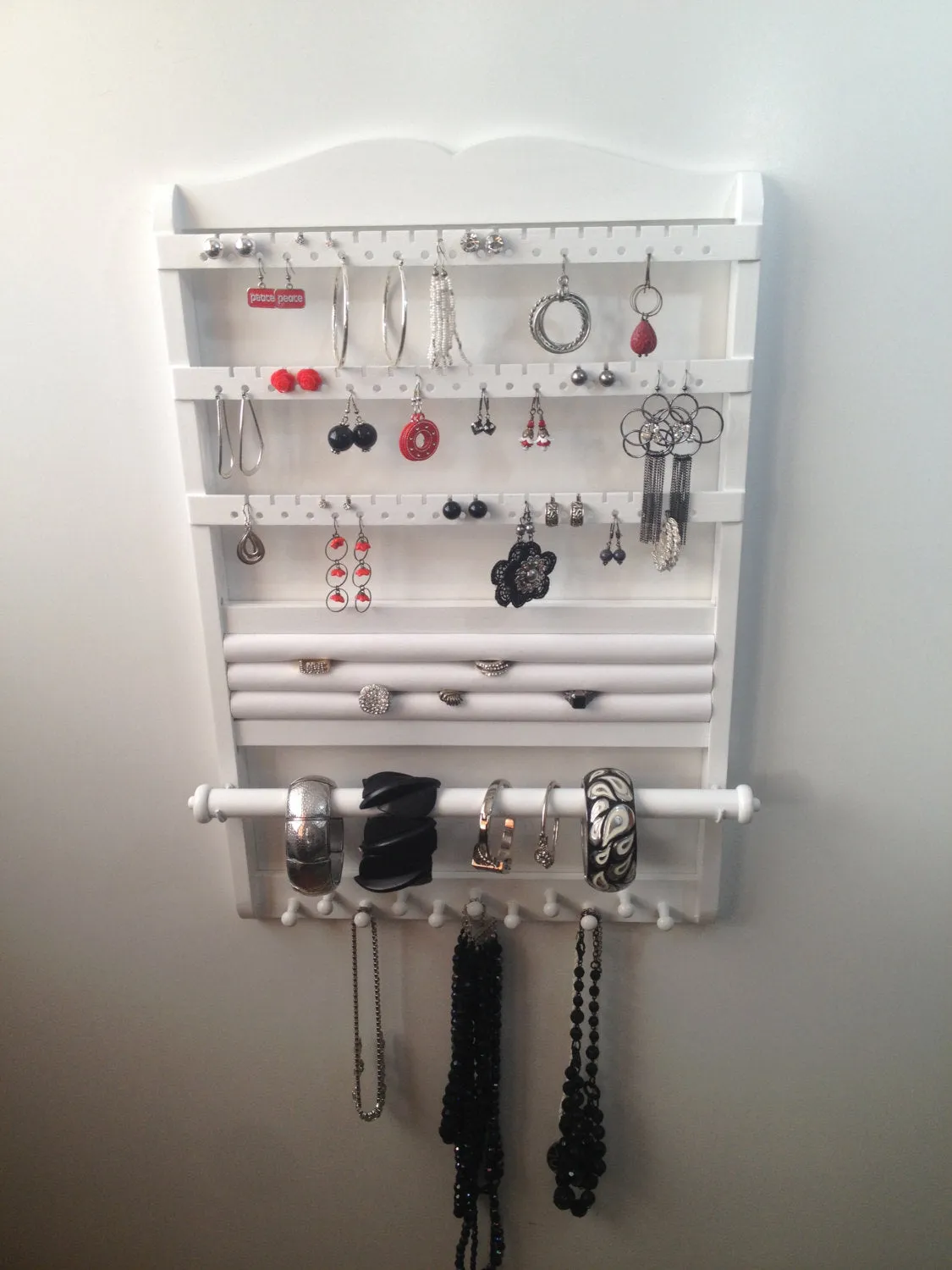 Jewelry Organizer DELUXE White Ring Holder,  Bracelet Earring Necklace Holder, Wood, Wall Mount