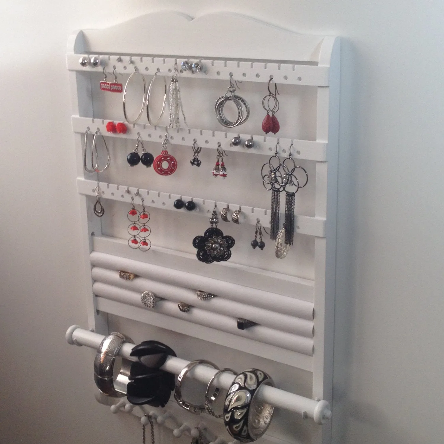 Jewelry Organizer DELUXE White Ring Holder,  Bracelet Earring Necklace Holder, Wood, Wall Mount
